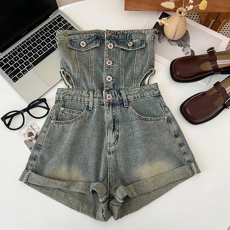 jean jumpsuit shorts